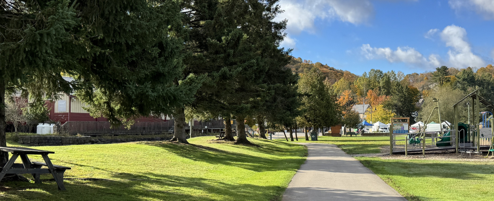 Bright green grass off to the left of a paved path in the park, playground equipment on the right. It is a bright sunny, fall day. In the foreground you can see that the trees are starting to change colour.